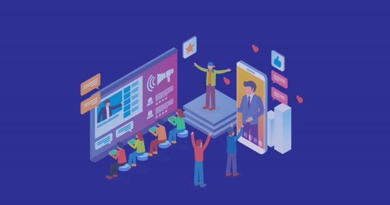 Illustration of a news team, selling ads, writing copy and tweeting.