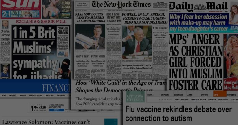 A montage of false and misleading newspaper headlines.